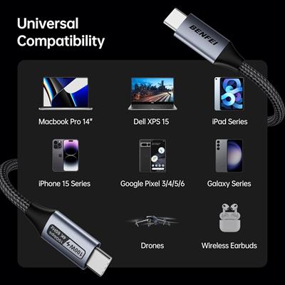 BENFEI USB-C - USB-C Monitör Kablosu | 4K@120Hz Görüntü, 100W PD Hızlı Şarj, 10Gbps Veri Aktarımı | 1 Metre, Karışmayan Silikon Kablo | Alüminyum Başlık, Örgü Tasarım