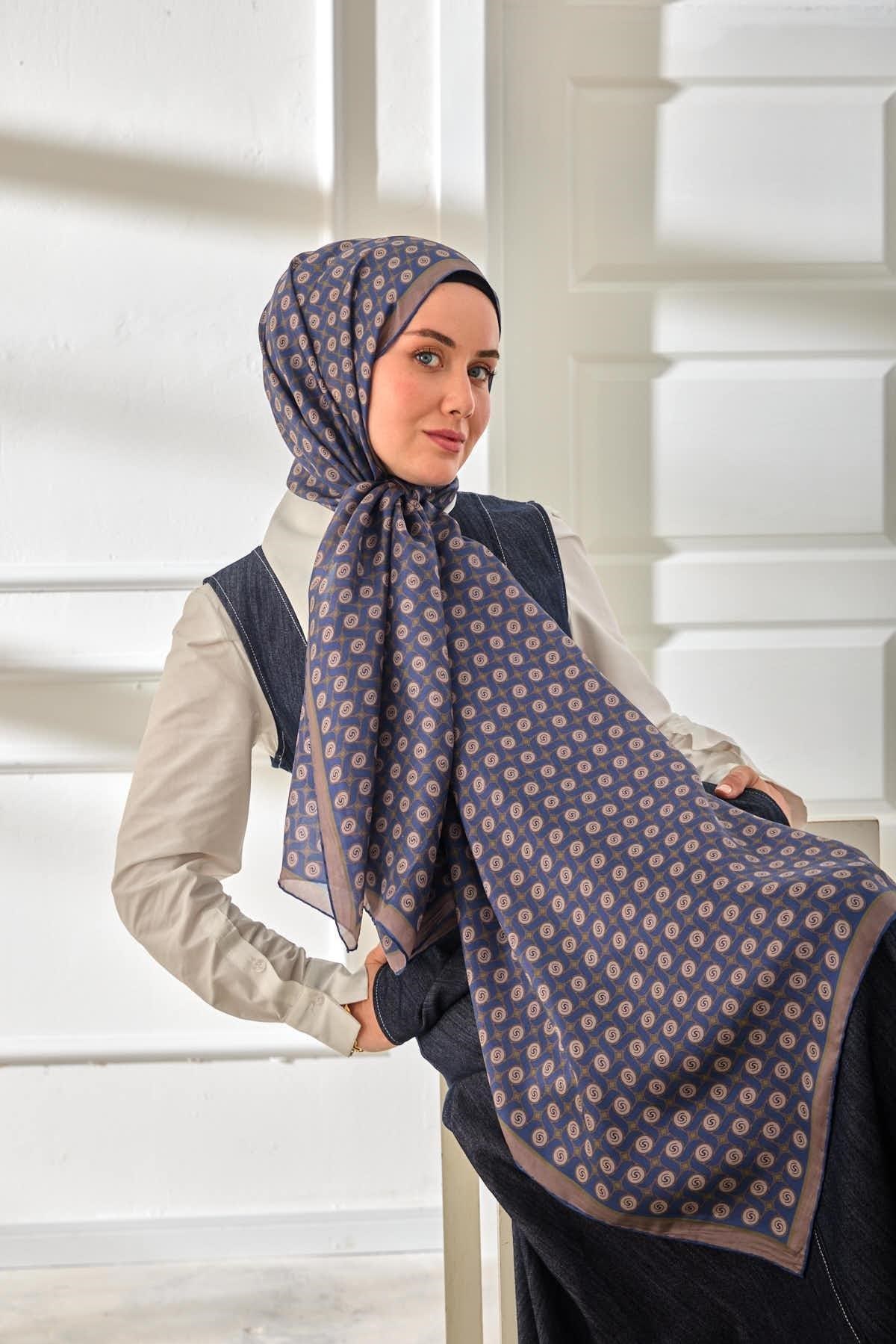 %100 Vual İpek Şal Desenli İndigo Tonlu 70x190