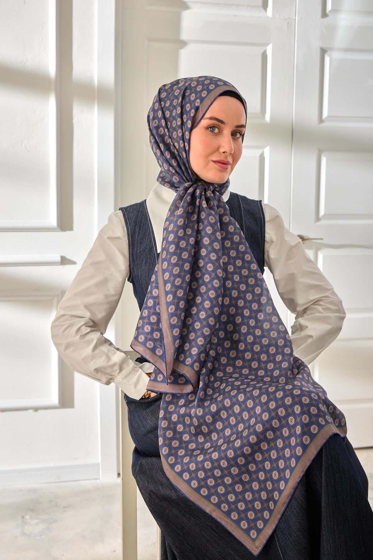 %100 Vual İpek Şal Desenli İndigo Tonlu 70x190