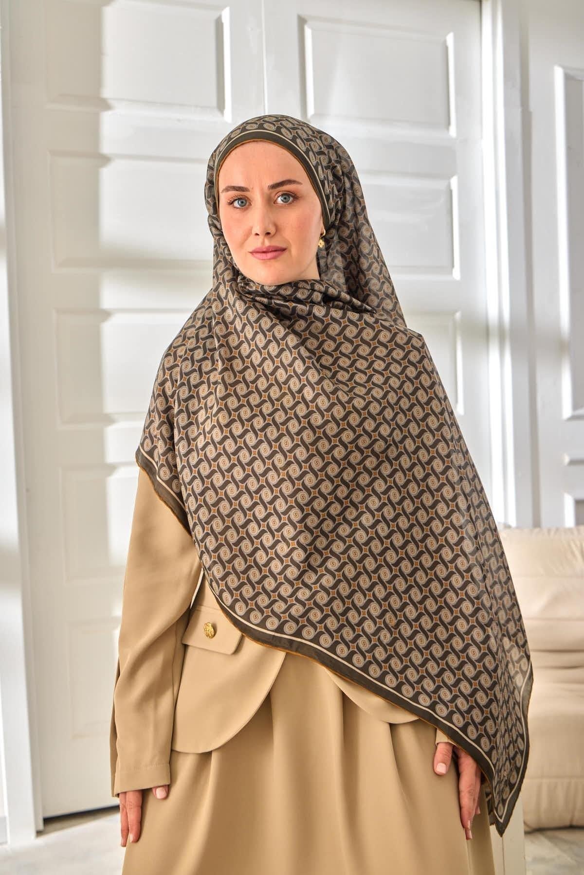 %100 Vual İpek Şal Desenli Koyu Yeşil Gold Tonlu 70x190
