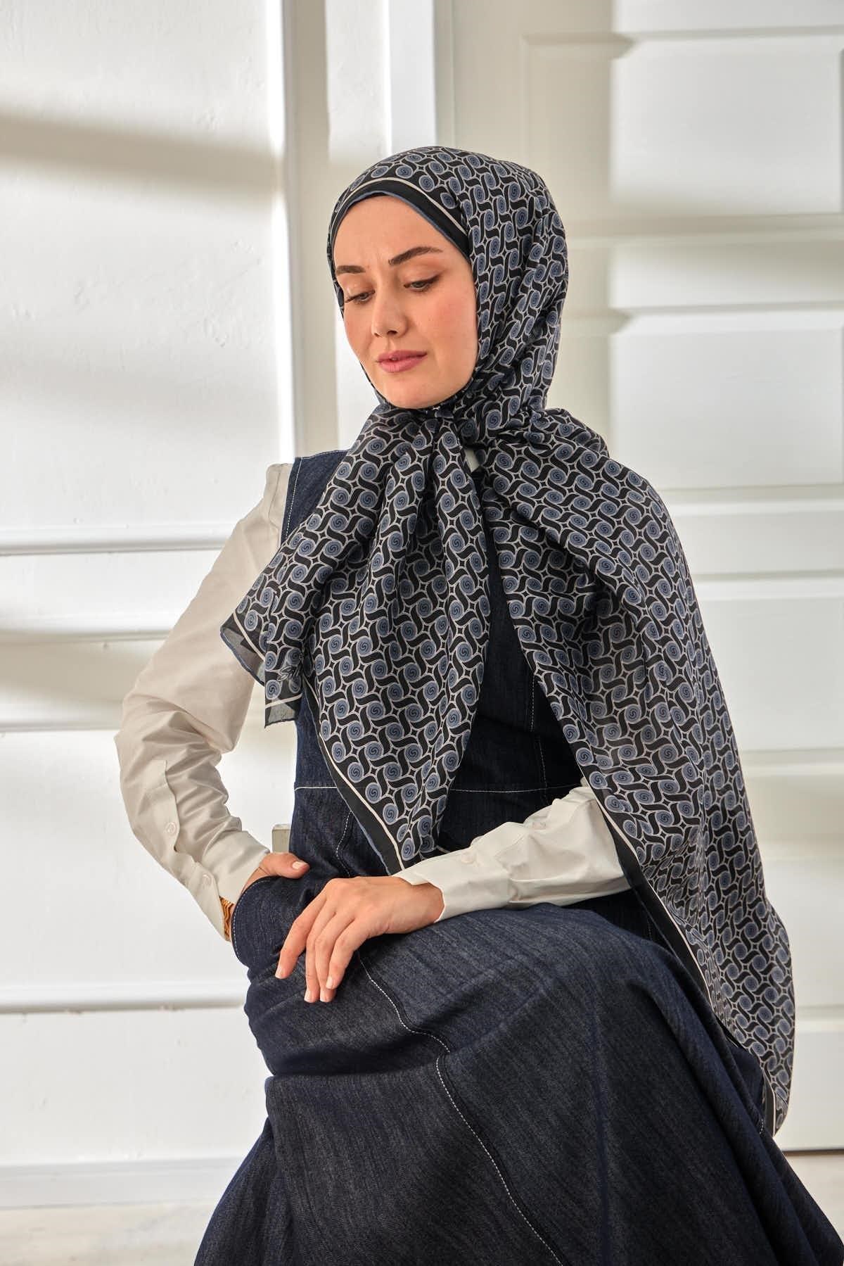 %100 Vual İpek Şal Desenli Lacivert Metalik Gri Tonlu 70x190