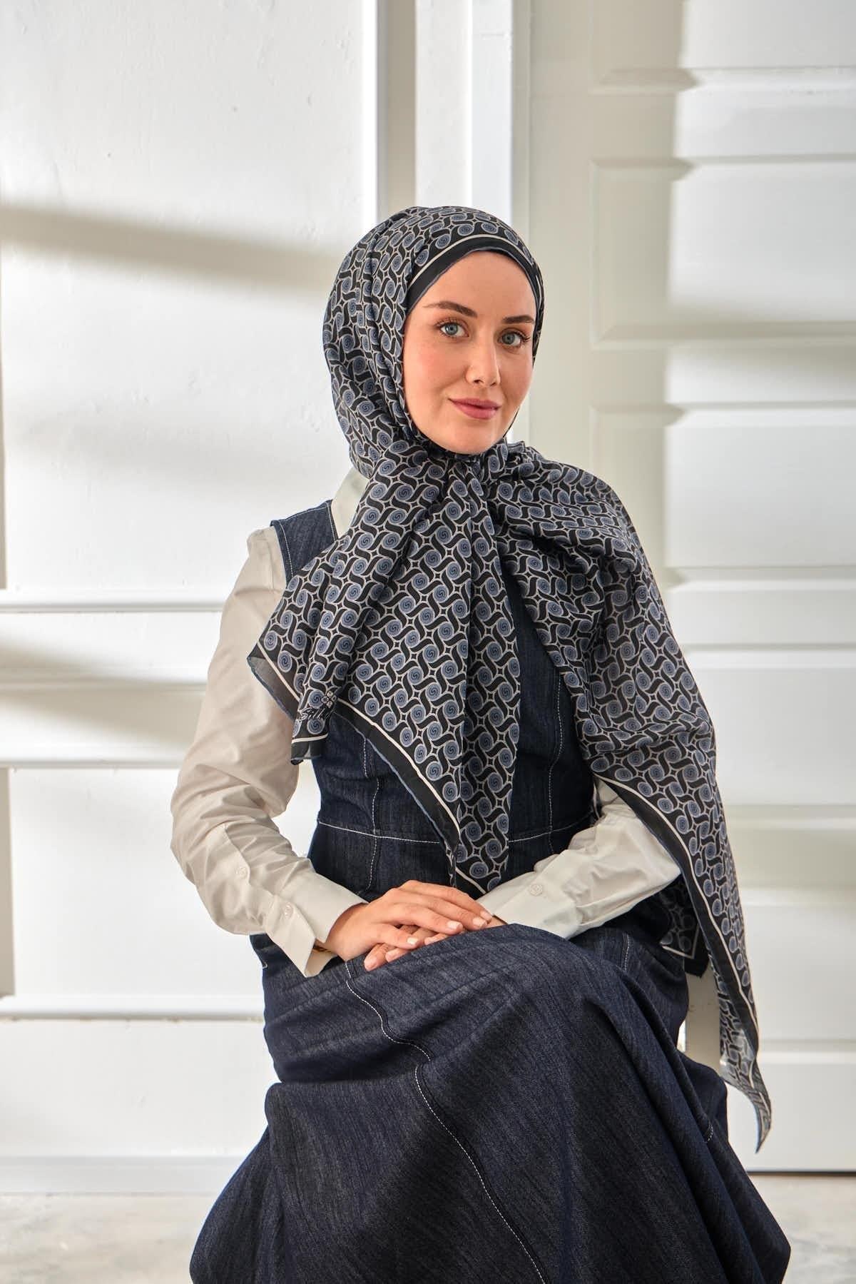 %100 Vual İpek Şal Desenli Lacivert Metalik Gri Tonlu 70x190