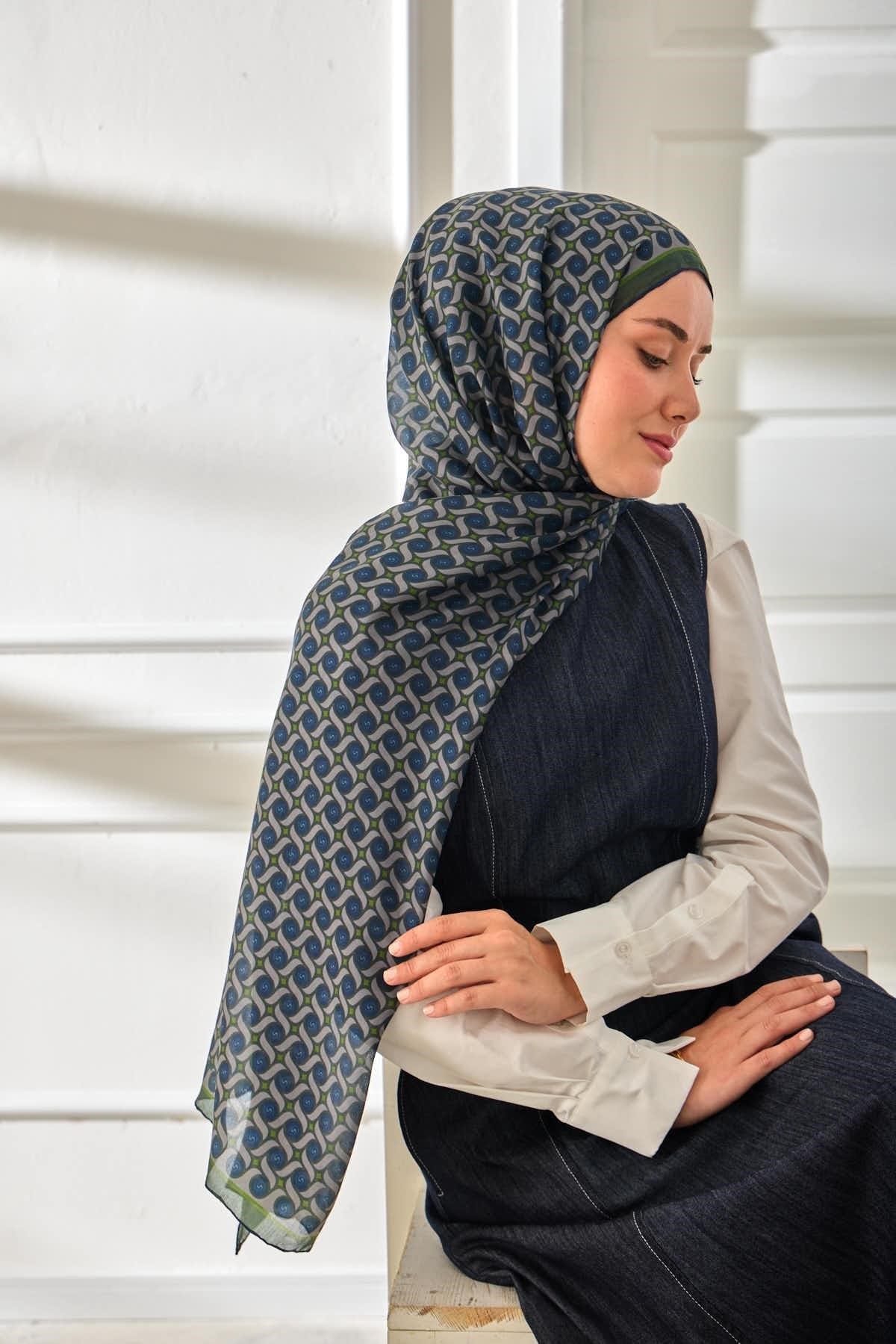 %100 Vual İpek Şal Desenli Lacivert Yeşil Tonlu 70x190
