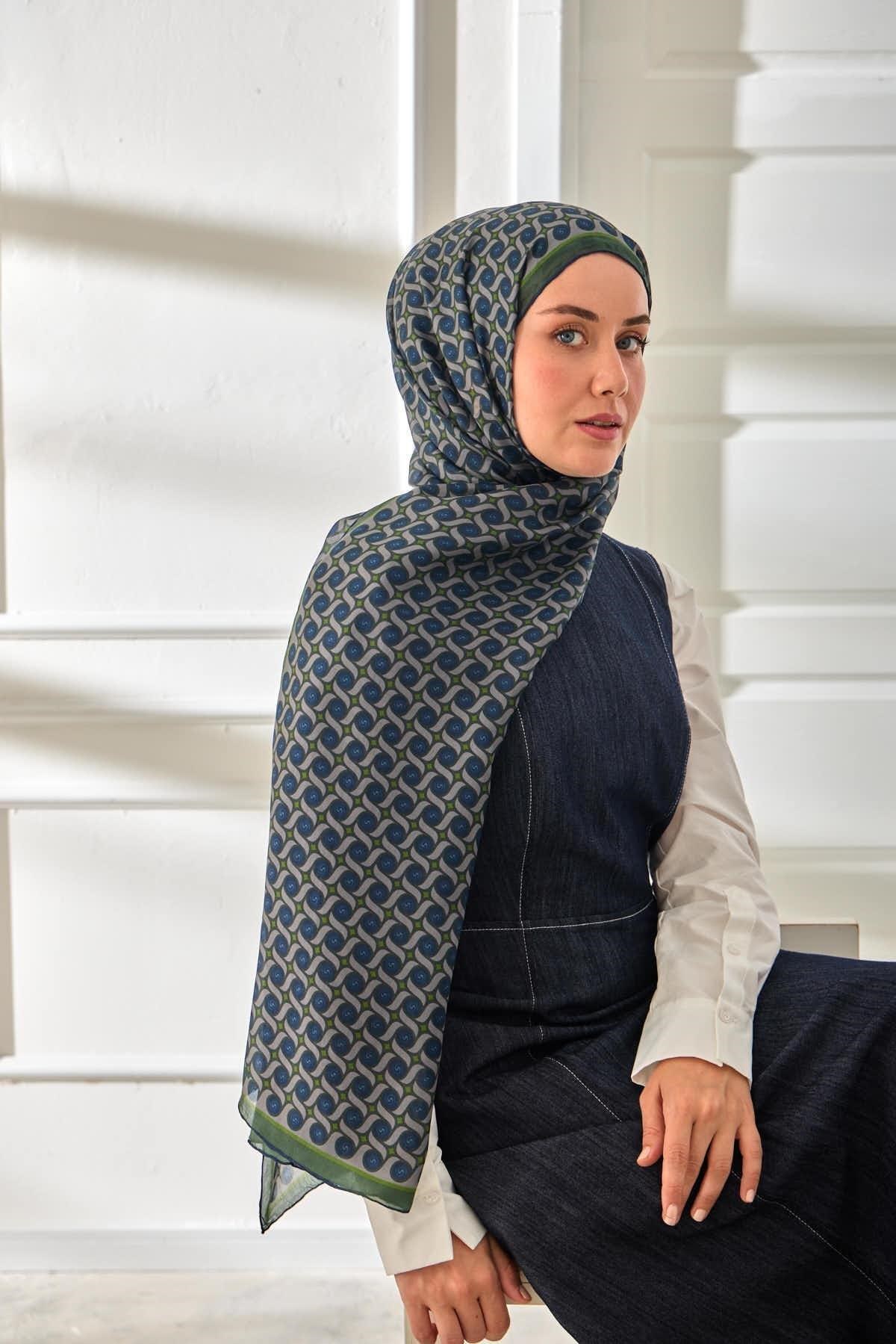 %100 Vual İpek Şal Desenli Lacivert Yeşil Tonlu 70x190