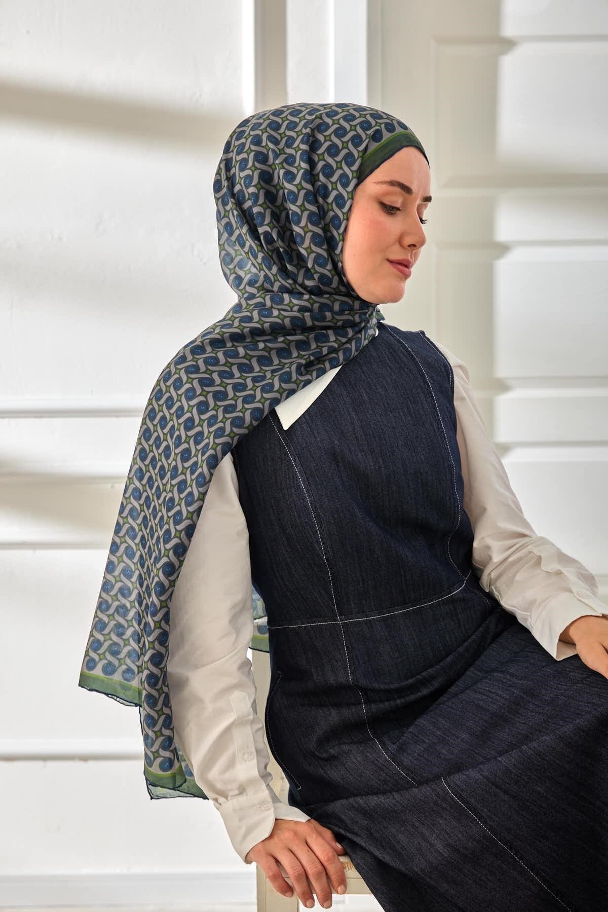 %100 Vual İpek Şal Desenli Lacivert Yeşil Tonlu 70x190
