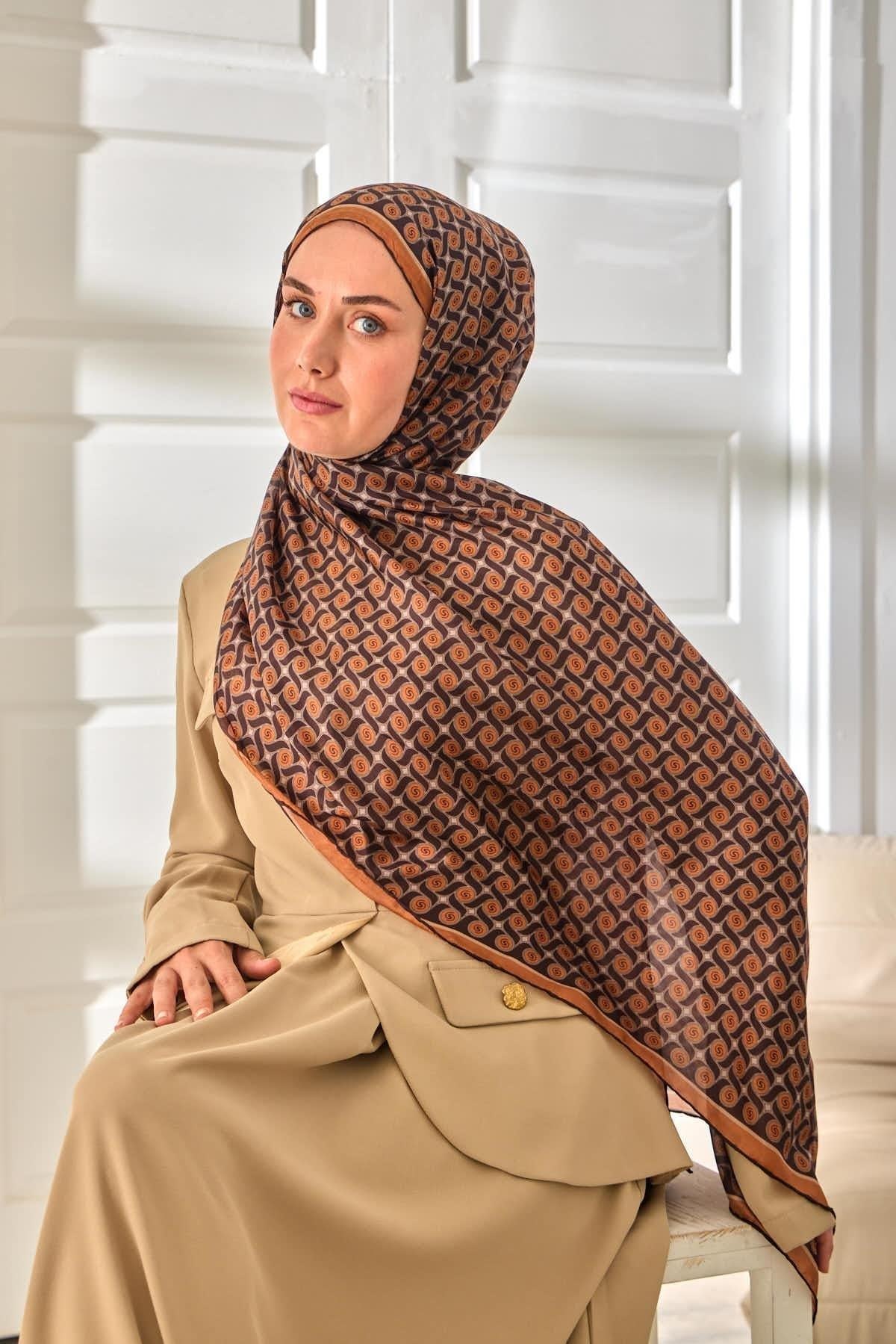 %100 Vual İpek Şal Desenli Taba Acı Kahve Tonlu 70x190