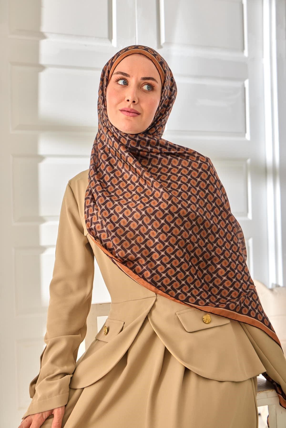 %100 Vual İpek Şal Desenli Taba Acı Kahve Tonlu 70x190