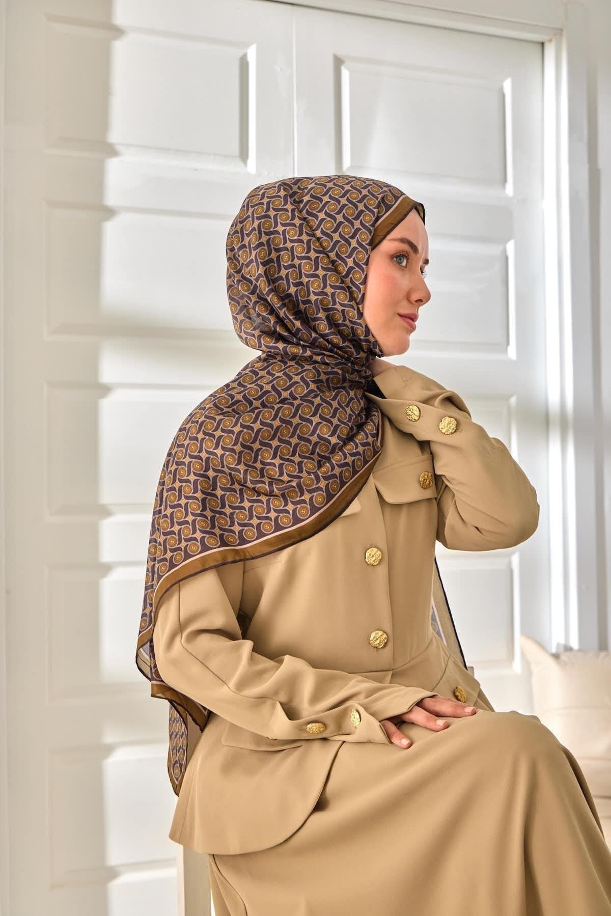 %100 Vual İpek Şal Haki Gold Desenli 70x190