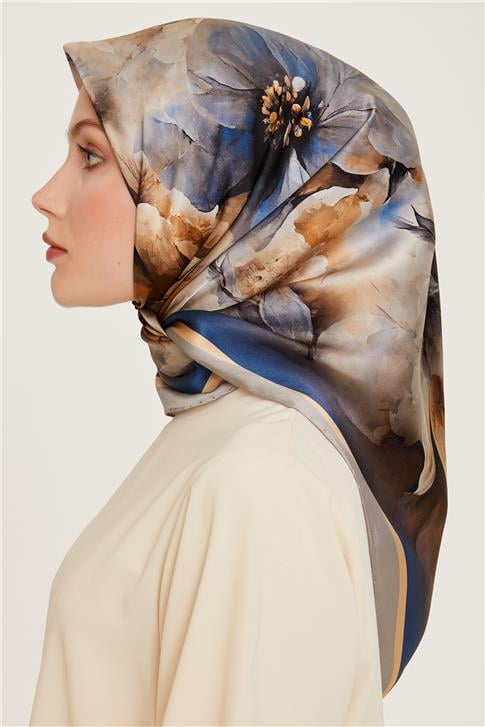 Armine Çiçek Desenli Twill Saf İpek Eşarp 9211D 01