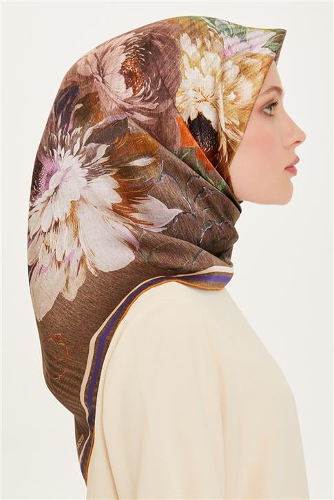 Armine Çiçek Desenli Twill Saf İpek Eşarp 9220D 36
