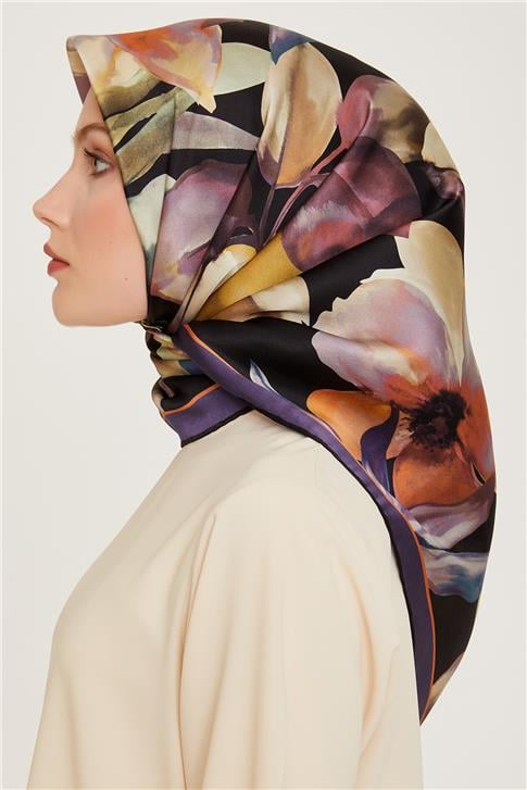 Armine Çiçek Desenli Twill Saf İpek Eşarp 9205D 02
