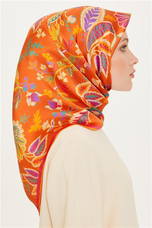 Armine Çiçek Desenli Twill Saf İpek Eşarp 9227D 02