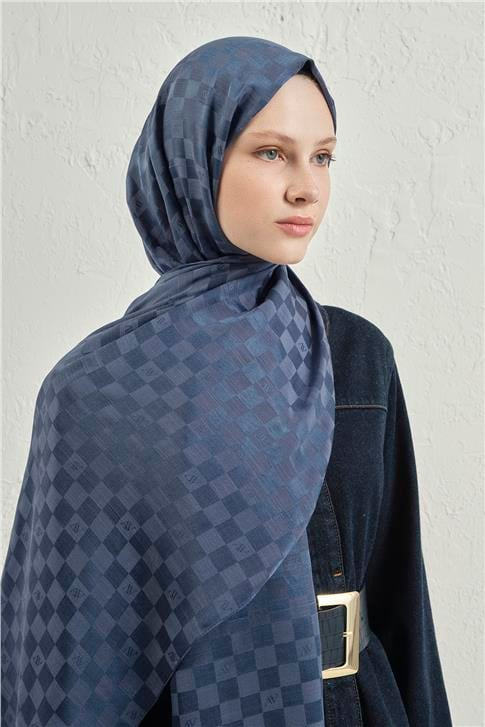 Armine Elegance İpek Pamuk Dama Şal 02 Lacivert