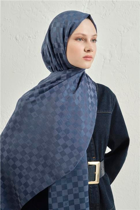Armine Elegance İpek Pamuk Dama Şal 02 Lacivert
