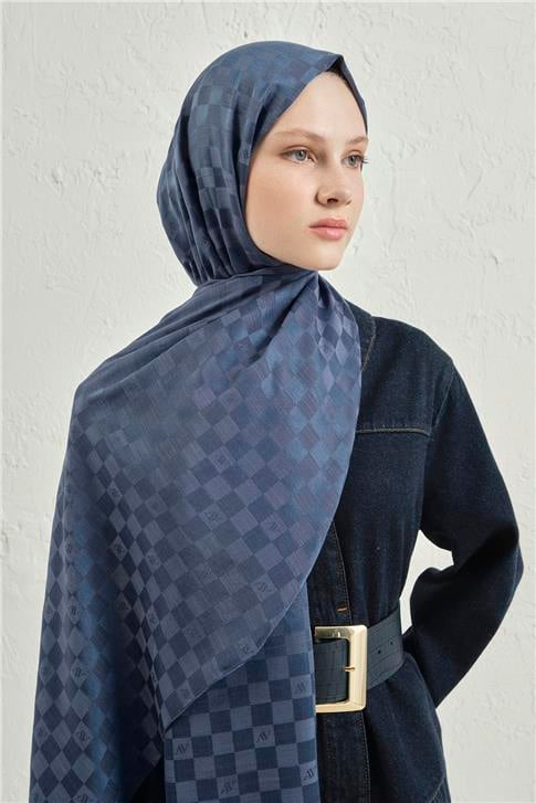 Armine Elegance İpek Pamuk Dama Şal 02 Lacivert