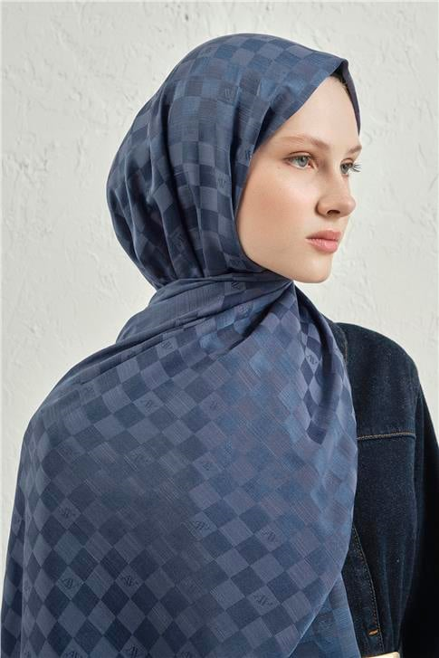 Armine Elegance İpek Pamuk Dama Şal 02 Lacivert
