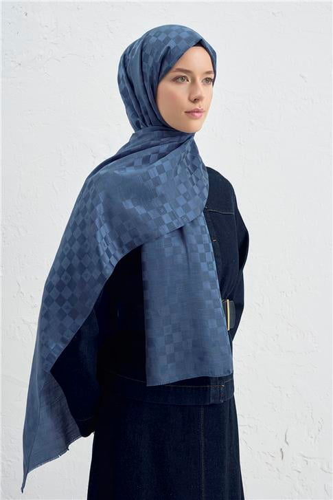 Armine Elegance İpek Pamuk Dama Şal 35 Kobalt Mavisi