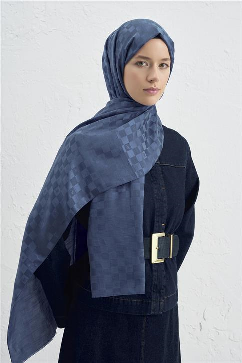 Armine Elegance İpek Pamuk Dama Şal 35 Kobalt Mavisi
