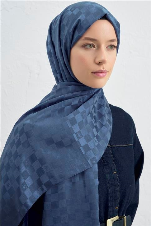 Armine Elegance İpek Pamuk Dama Şal 35 Kobalt Mavisi