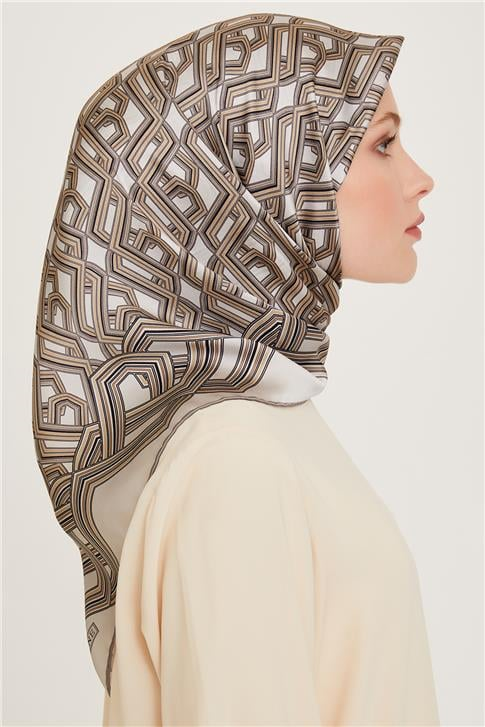 Armine Klasik Desenli Twill Saf İpek Eşarp 9213D 34