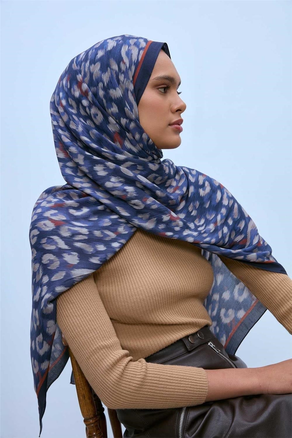 Eco Viscose Leopar Şal Lacivert Nefes Alan Dokulu