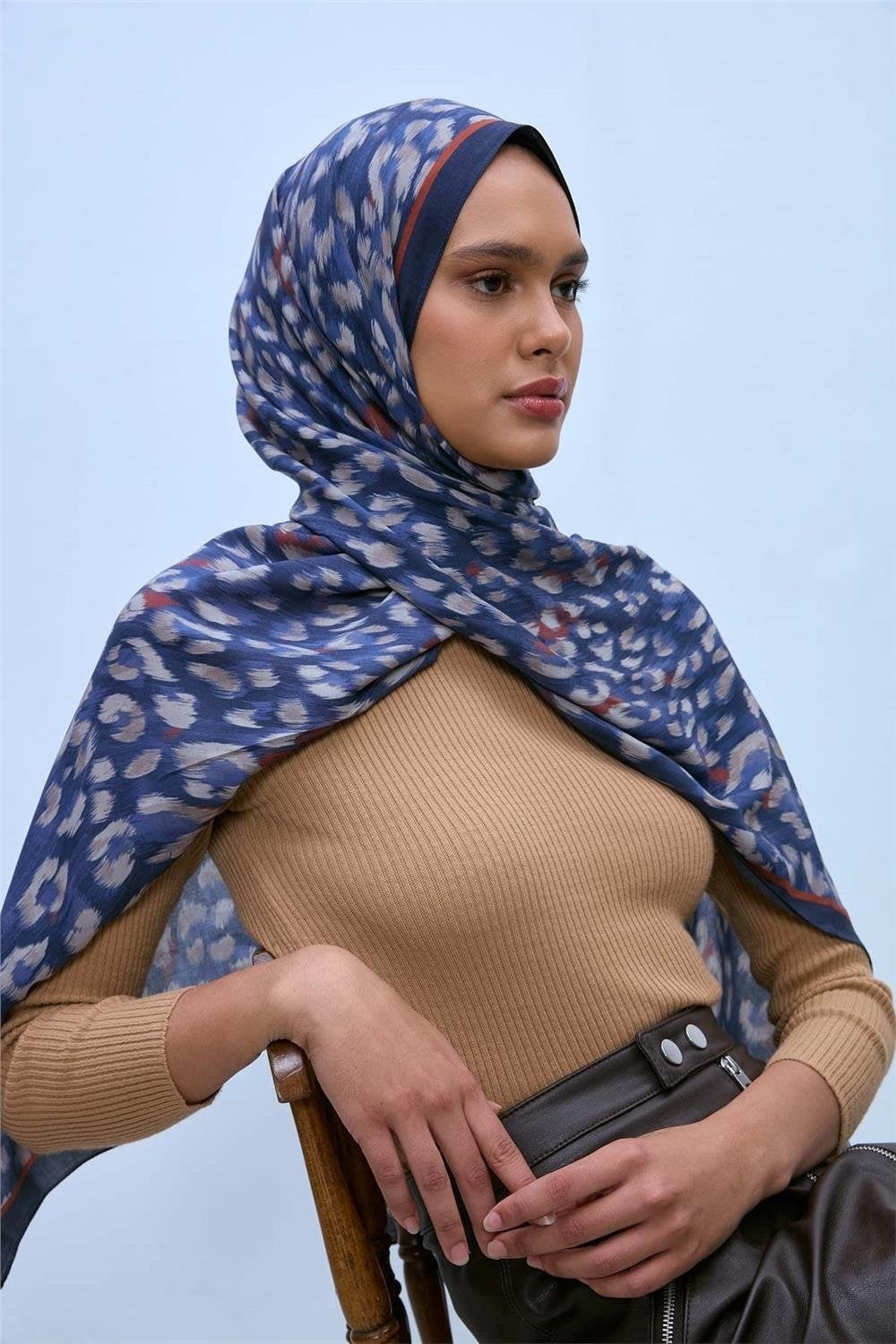 Eco Viscose Leopar Şal Lacivert Nefes Alan Dokulu