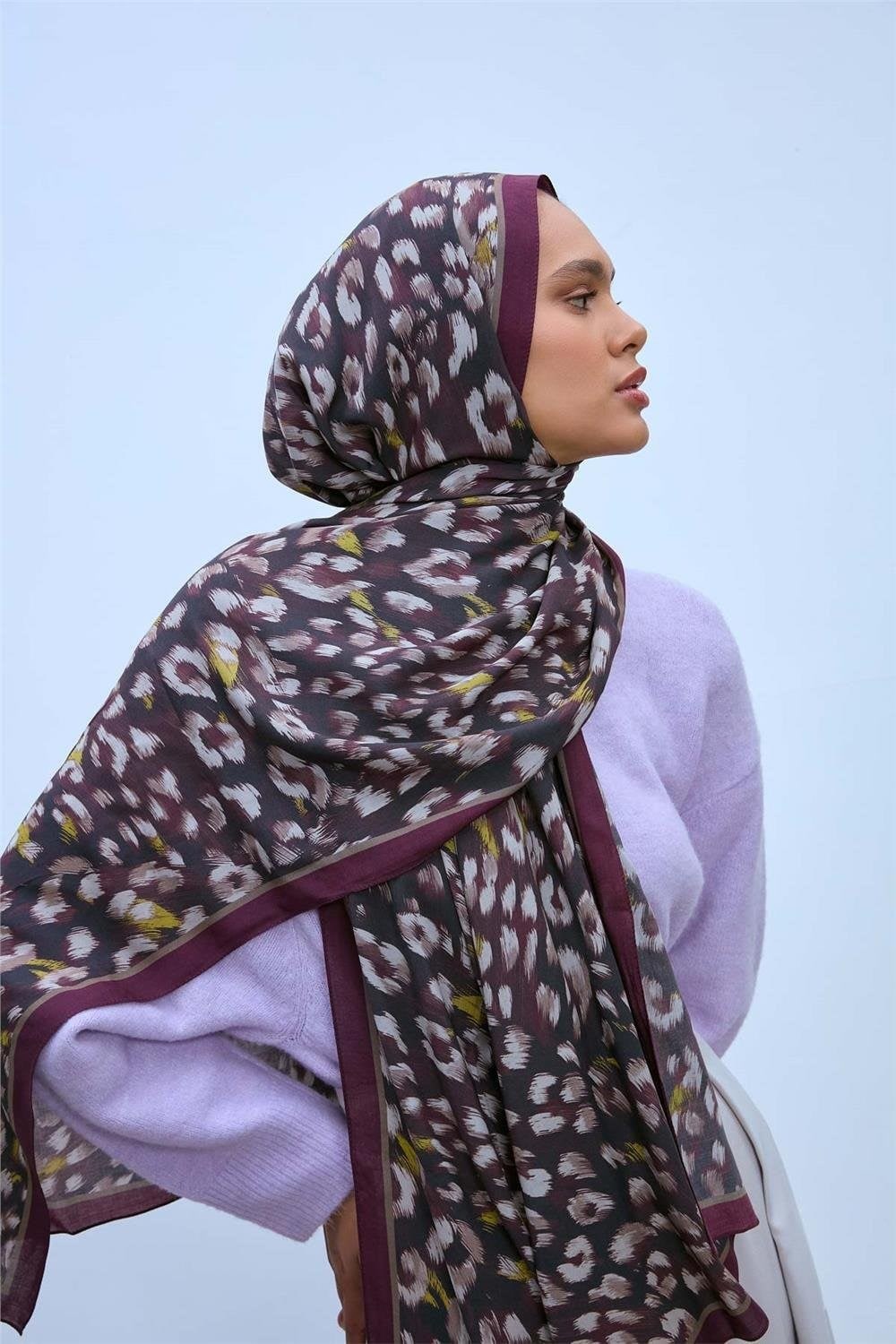 Eco Viscose Leopar Şal Mürdüm Nefes Alan Dokulu 90