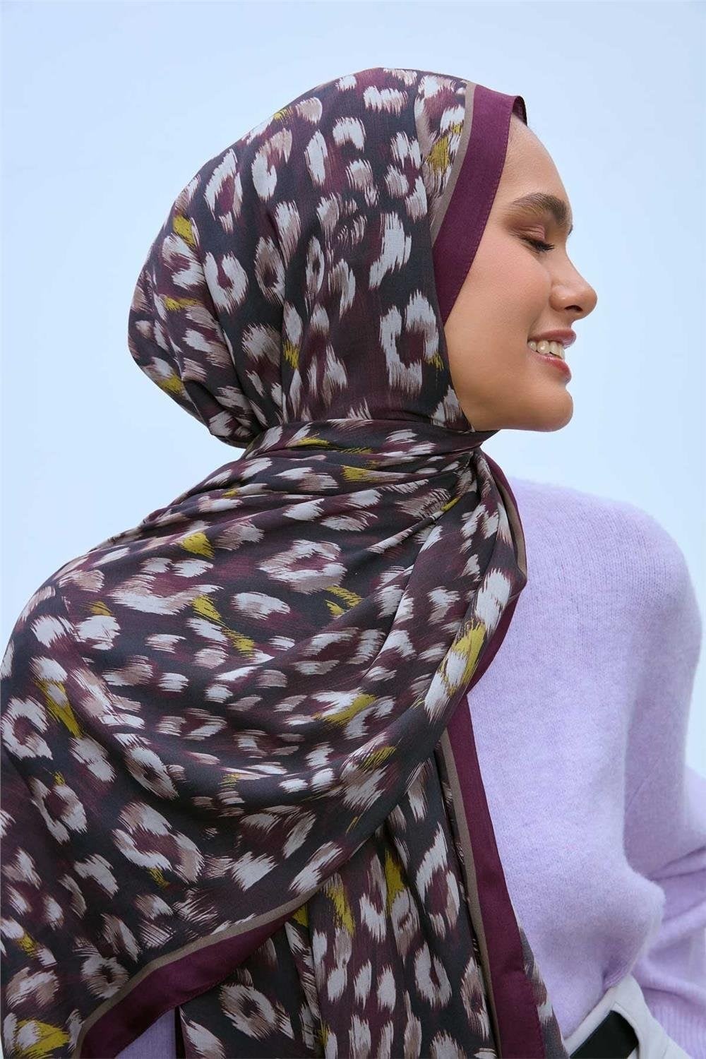 Eco Viscose Leopar Şal Mürdüm Nefes Alan Dokulu 90