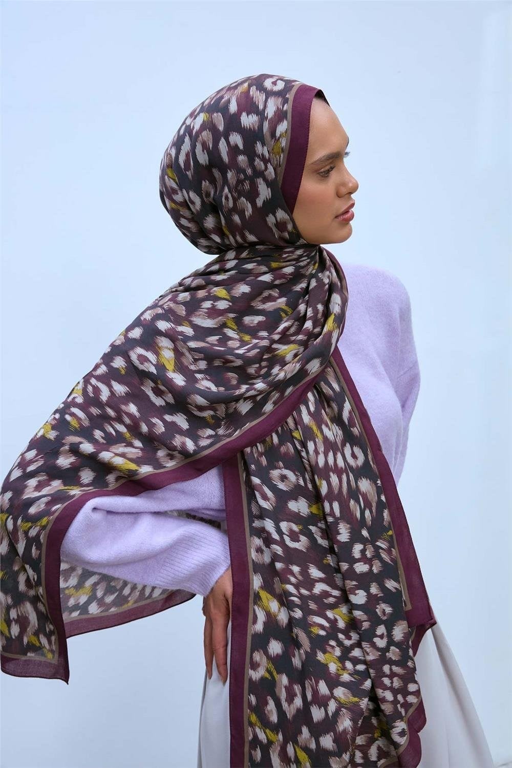 Eco Viscose Leopar Şal Mürdüm Nefes Alan Dokulu 90