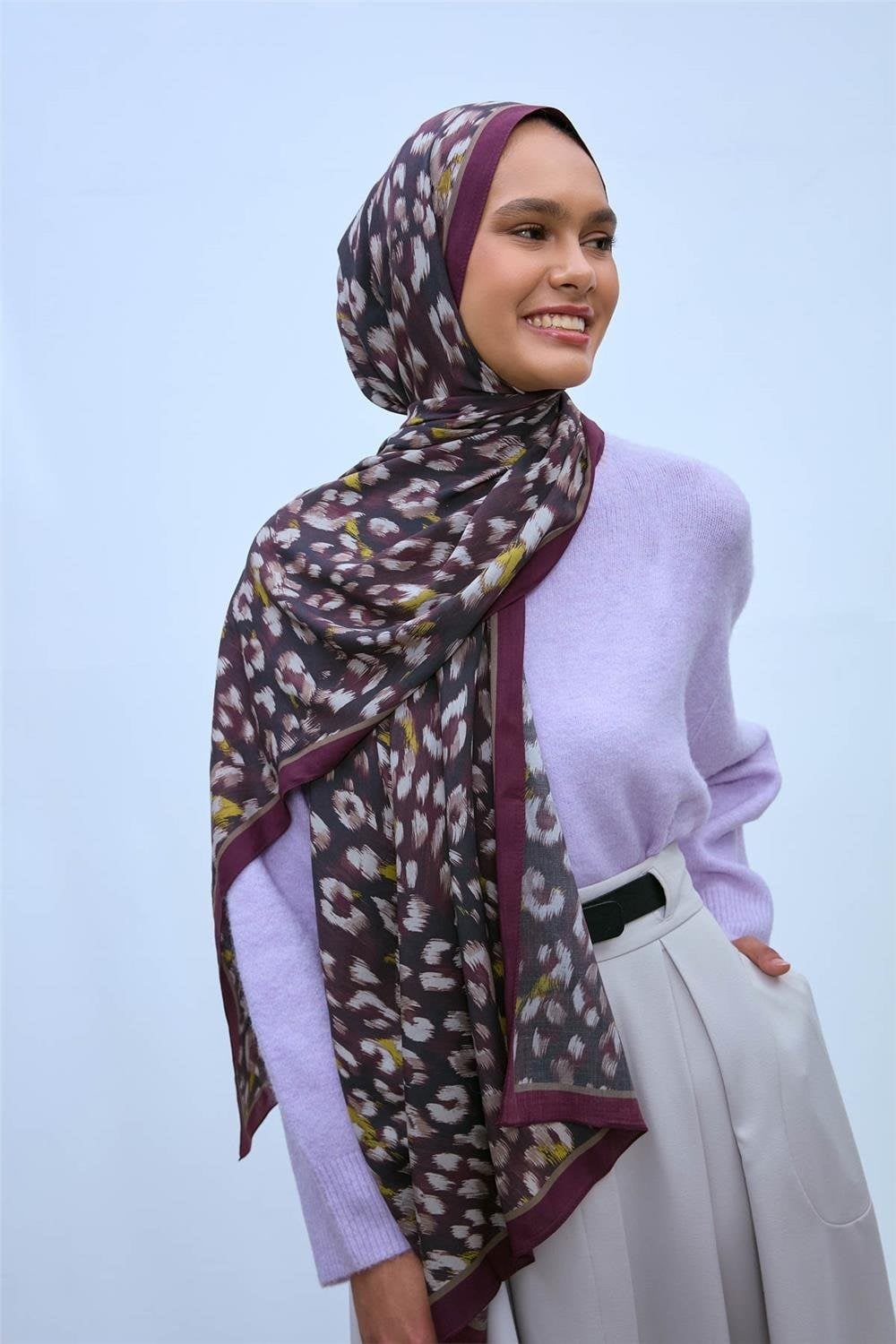 Eco Viscose Leopar Şal Mürdüm Nefes Alan Dokulu 90