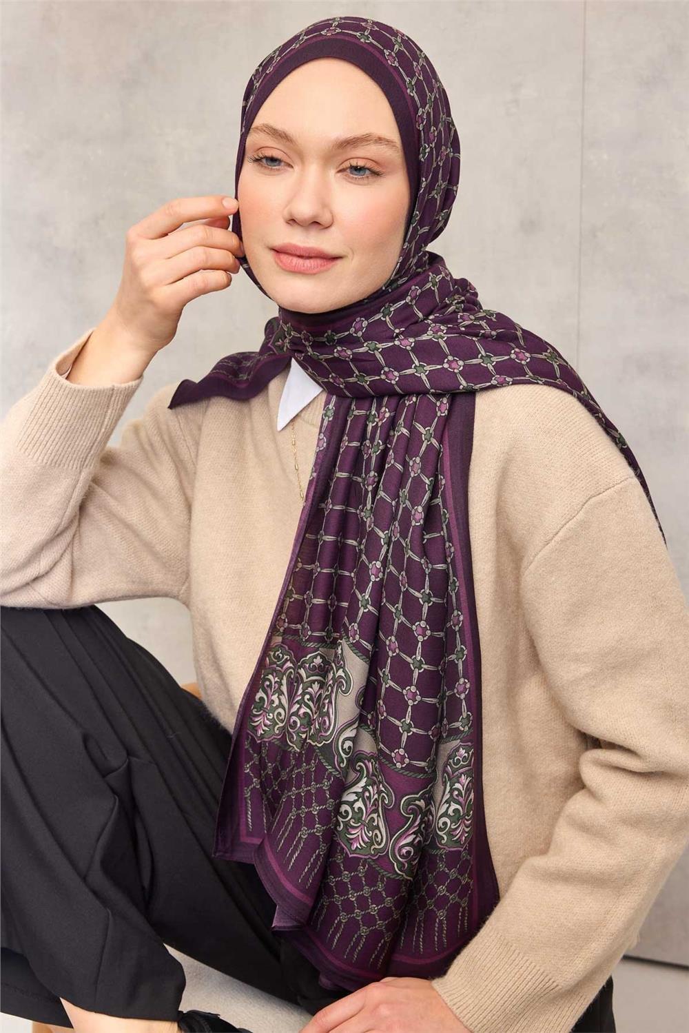 Floş Viskon Organik Şal Halat Desen Koyu Mor 195x75