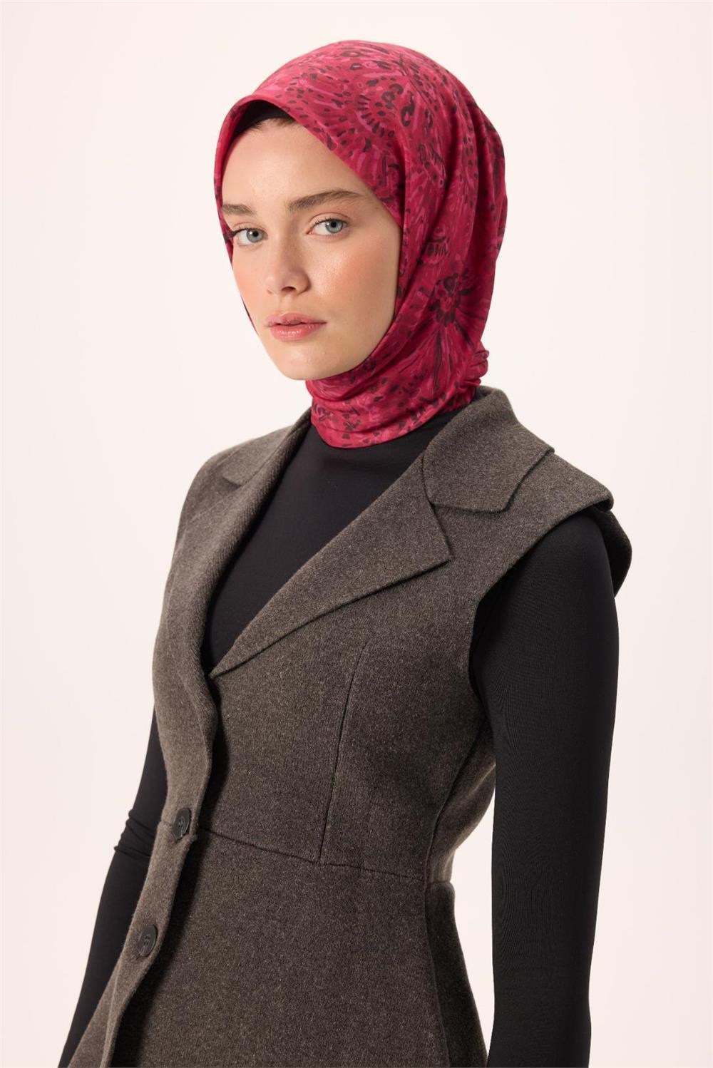 İnce Pamuk Soft Eşarp Fuşya-Bordo Desenli Kaymaz Dokulu Tok Duruşlu 90x90
