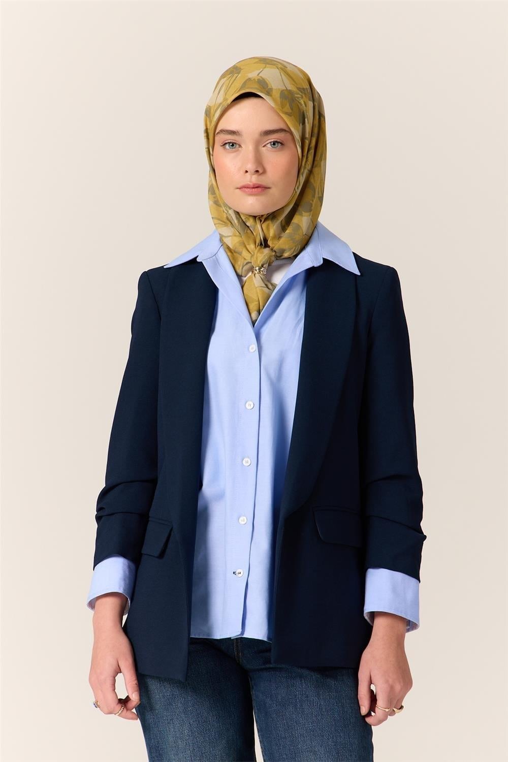 İnce Pamuk Soft Eşarp Hardal-Olive Yaprak Desenli Nefes Alan Tok Duruşlu 90x90