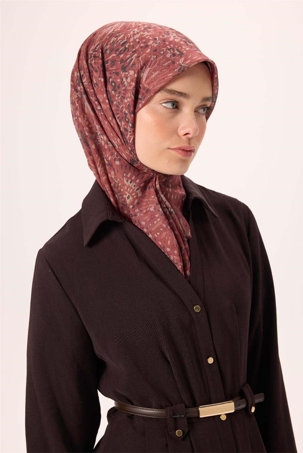 İnce Pamuk Soft Eşarp Kiremit-Bordo Desenli Tok Duruşlu Kaymaz 90x90