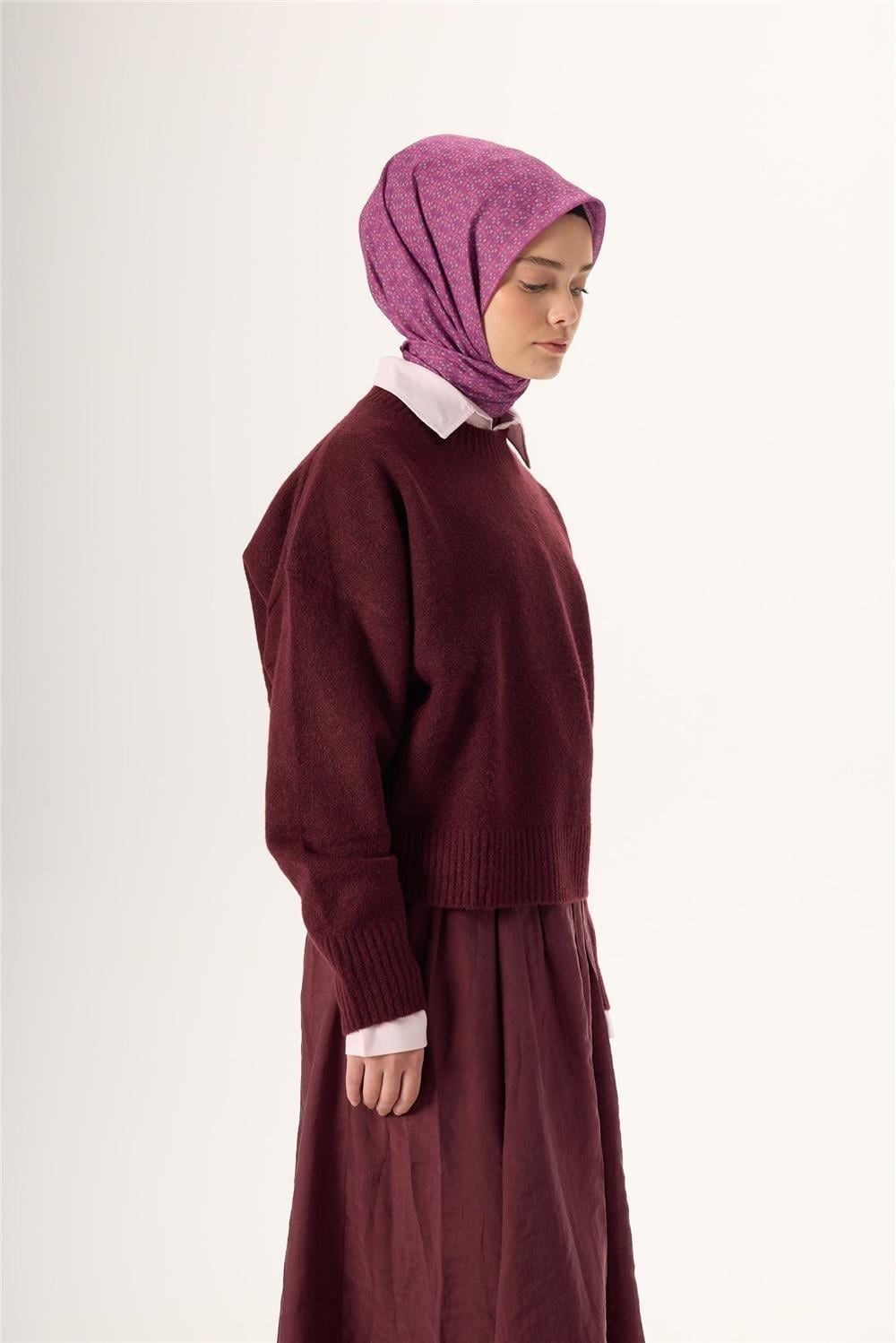 İnce Pamuk Soft Eşarp Mor-Pembe-Gri Düz Desenli Kaymaz Dokulu 90x90