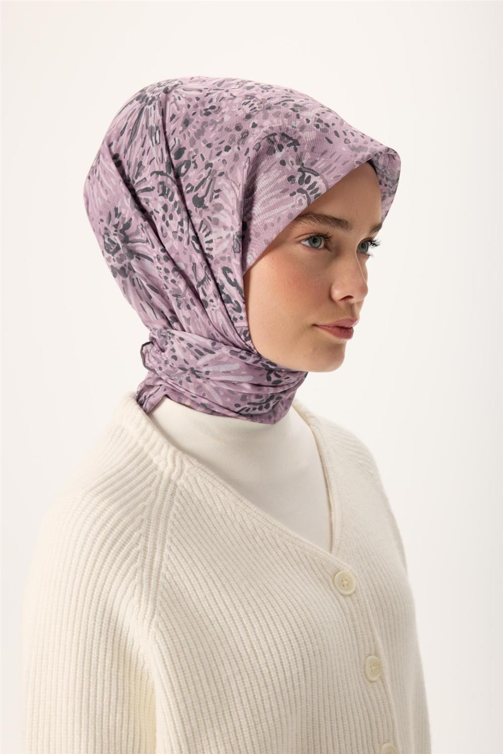 İnce Pamuk Soft Eşarp Pembe-Antrasit Desenli Tok Duruşlu Kaymaz 90x90
