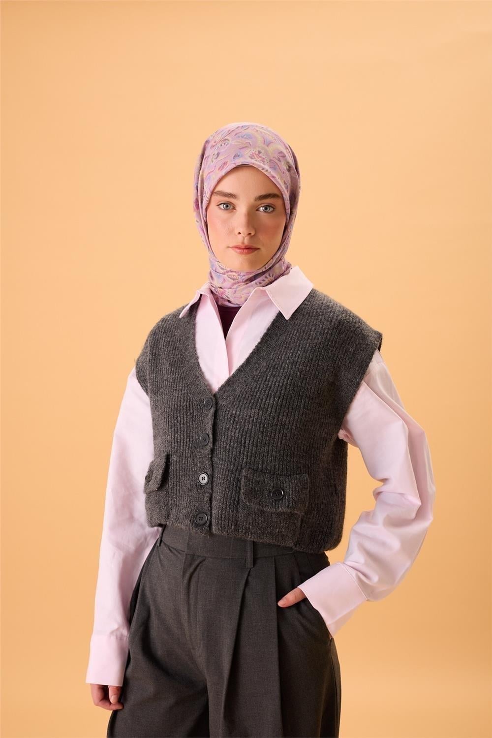 İnce Pamuk Soft Eşarp Pembe-Mavi Lila Desenli Tok Duruşlu 90x90