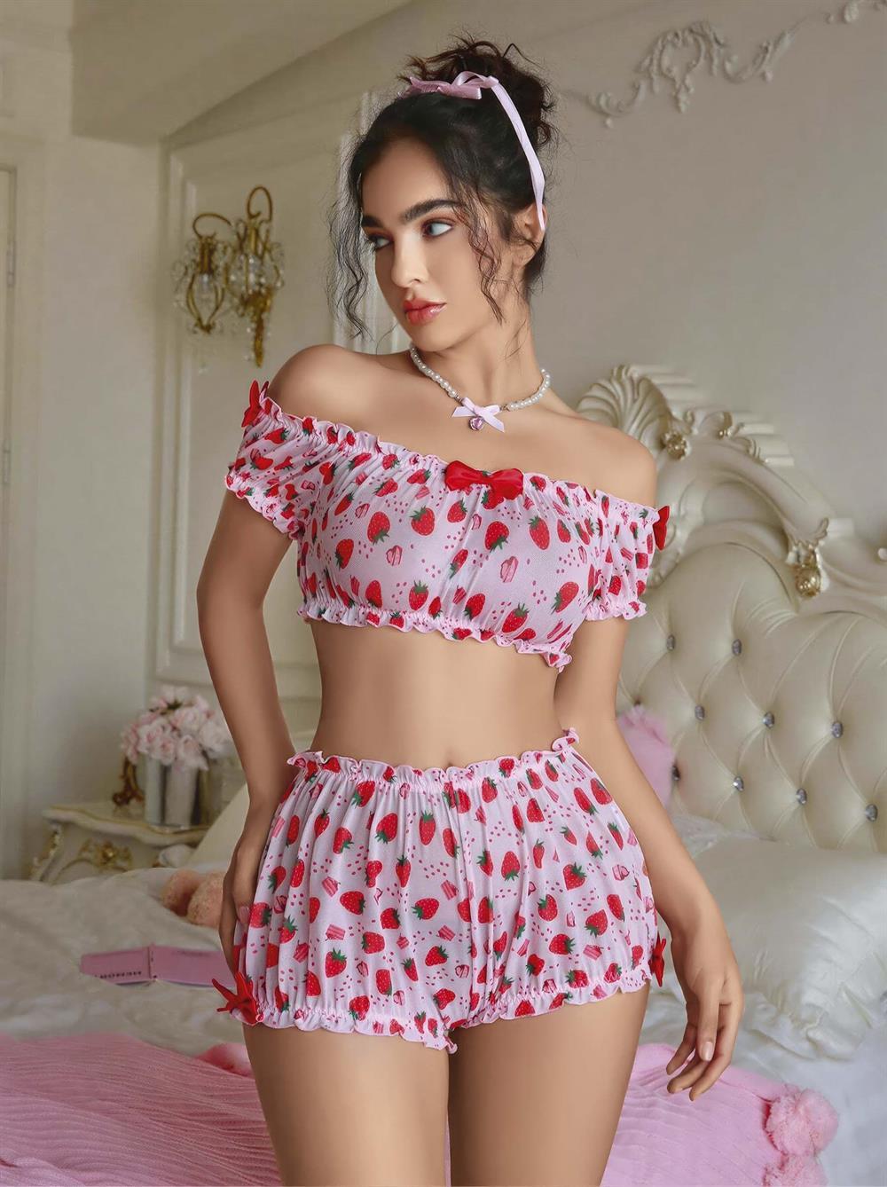Kadın Pembe Çilek Desenli Fantezi Şort takım 2156