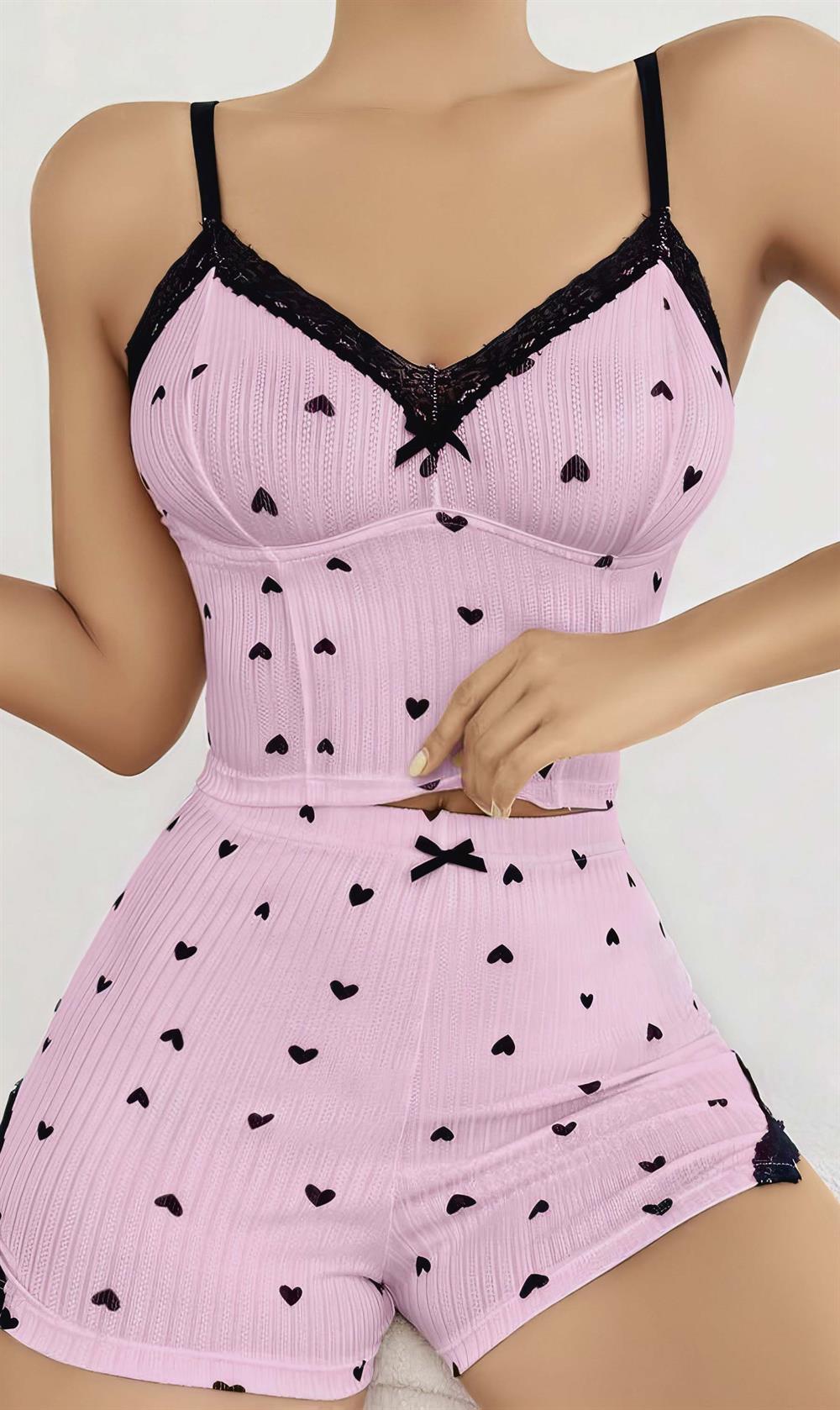 Kadın Pembe Kalp Desenli Askılı Şortlu Pijama Takım 5013