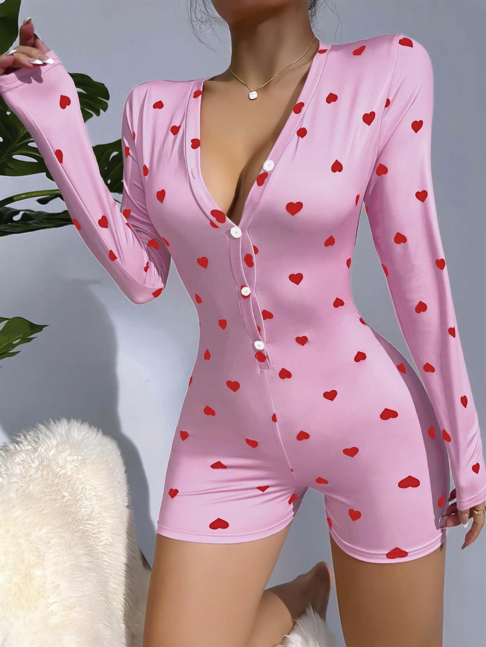 Kadın Pembe Kalp Desenli Pijama Tulumu 5121