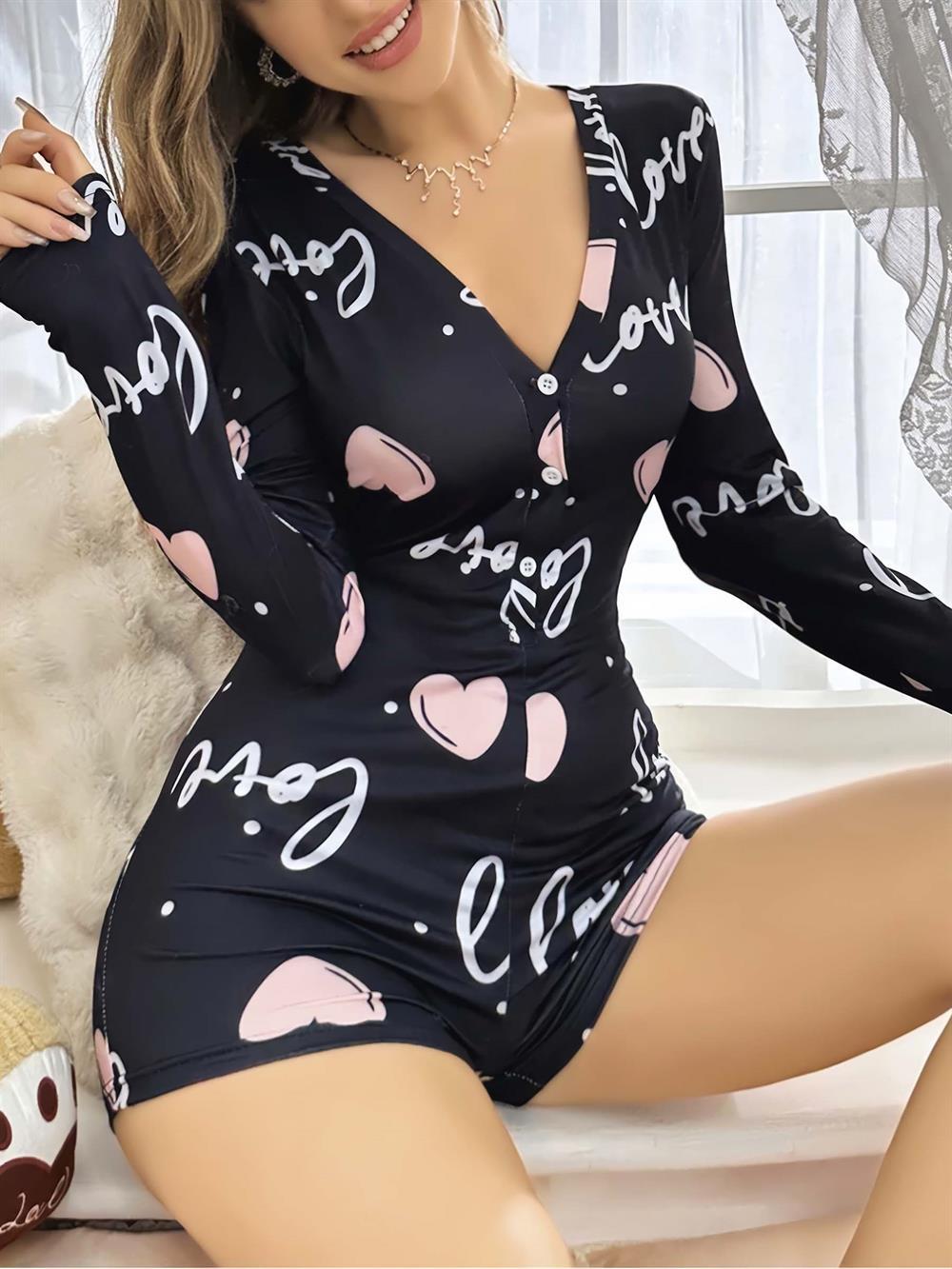 Kadın Siyah Kalp Desenli Love Yazılı Pijama Tulumu 5124