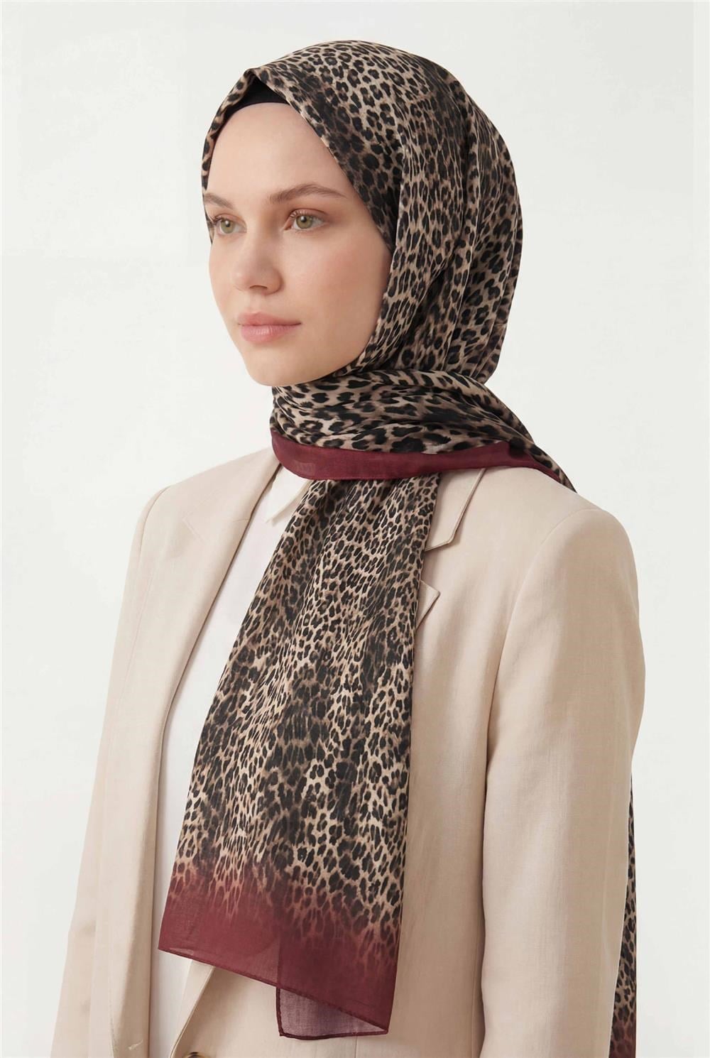 Leopar Desen Pamuklu Koyu Kırmızı 90x200 Soft Şal