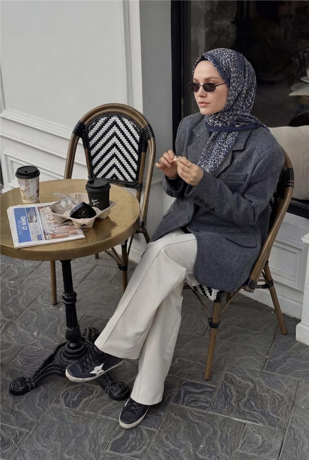 Leopar Desen Pamuklu Lacivert 90x200 Soft Şal