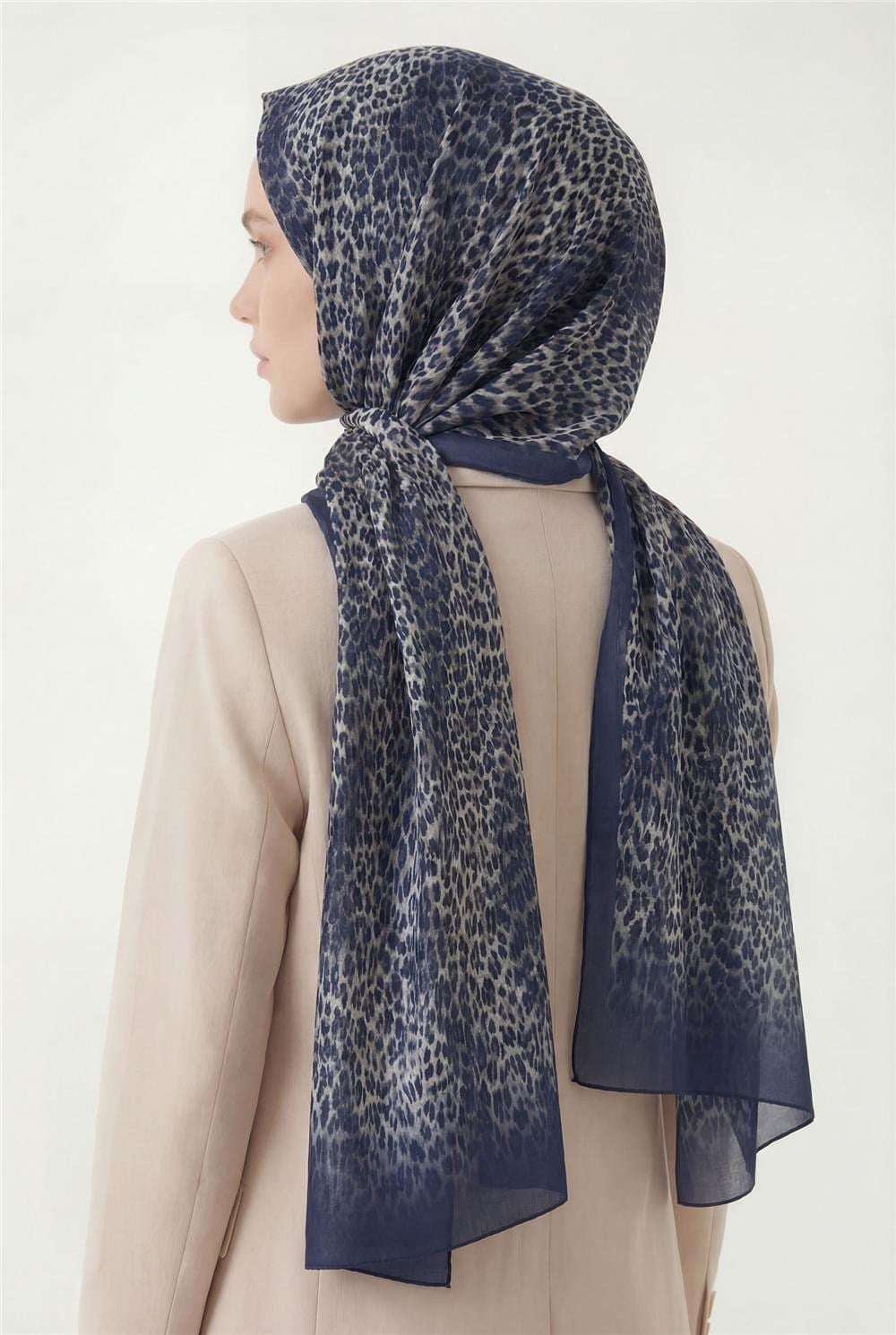 Leopar Desen Pamuklu Lacivert 90x200 Soft Şal