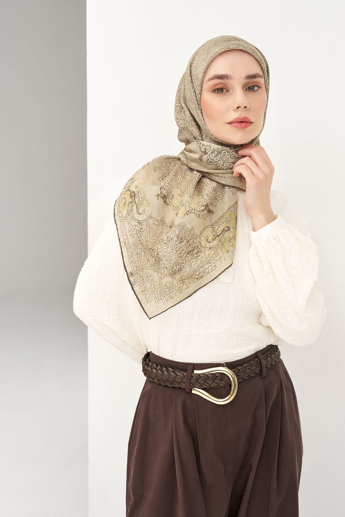 Monare Eşarp Etnik Motif Küf Yeşili 90x90