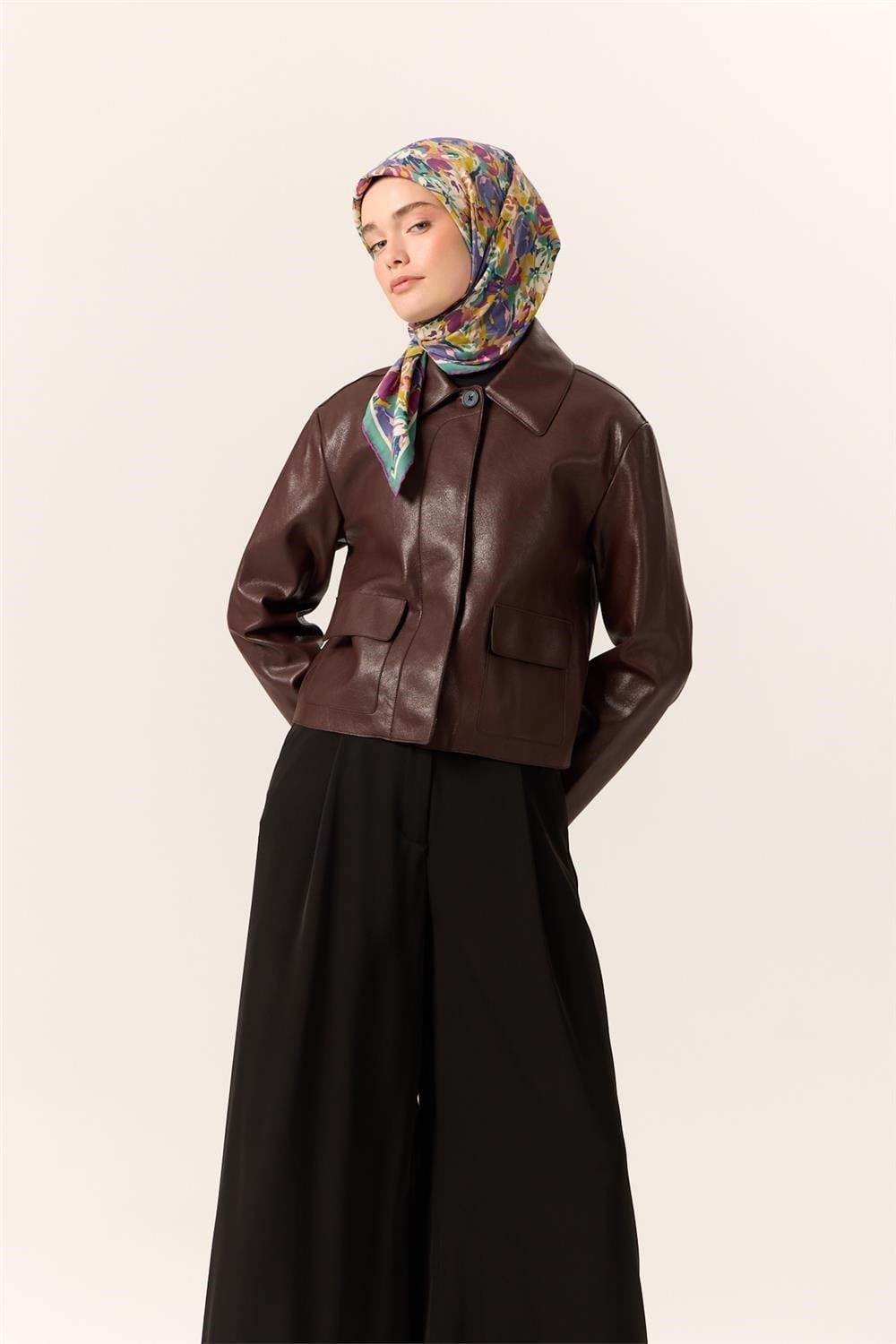 Organik Pamuk İpek Eşarp Mor Pembe Sarı Çiçek Desenli Tok Duruşlu 90x90