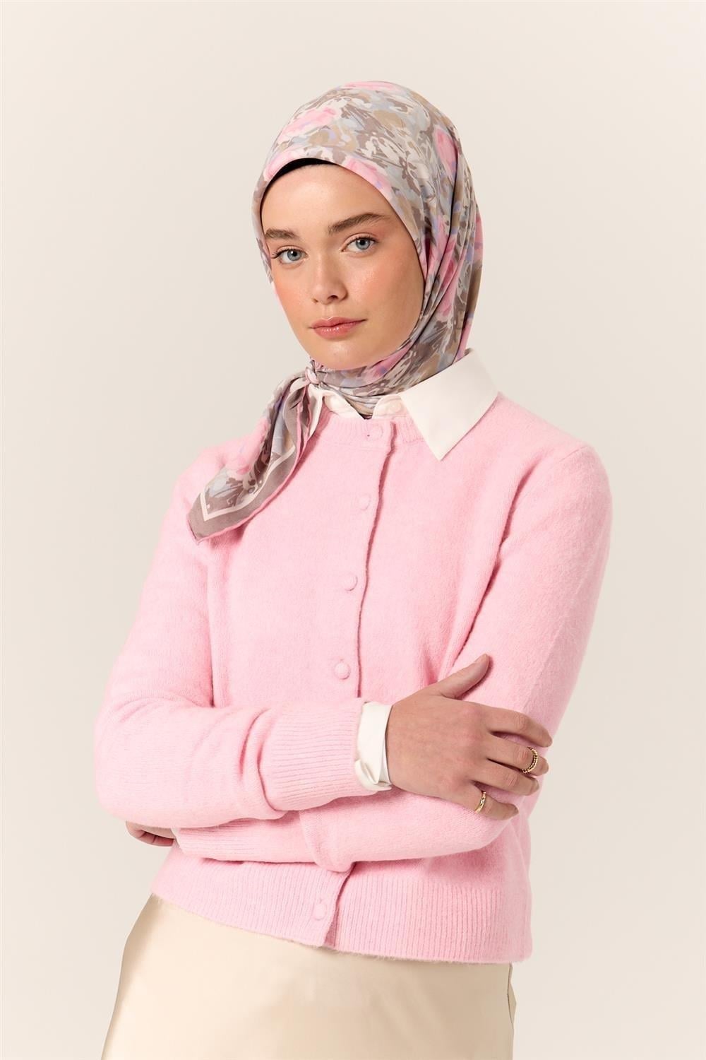 Organik Pamuk İpek Eşarp Pembe Lila Desenli Tok Duruşlu 90x90