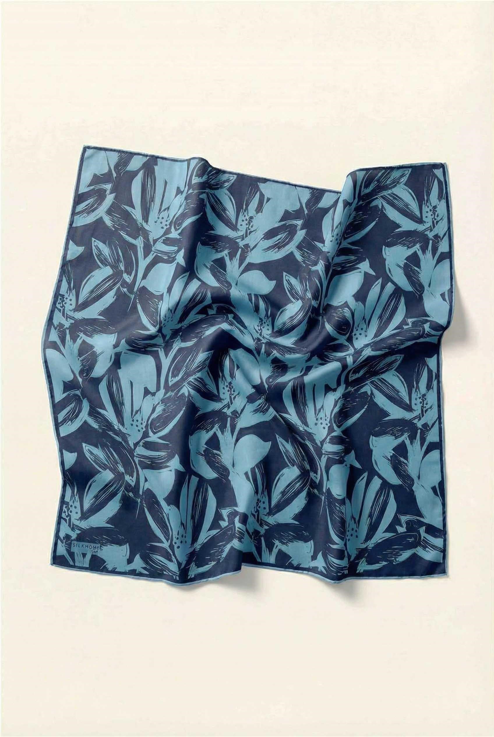 Pamuk Karışımlı Eşarp Gök Mavi Modern Flora Desen Soft Dokulu Kaymaz 90X90