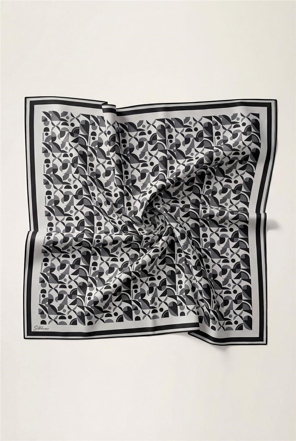 Pamuk Karışımlı Eşarp Gümüş Retro Geometrik Desenli Soft Dokulu Kaymaz 90x90