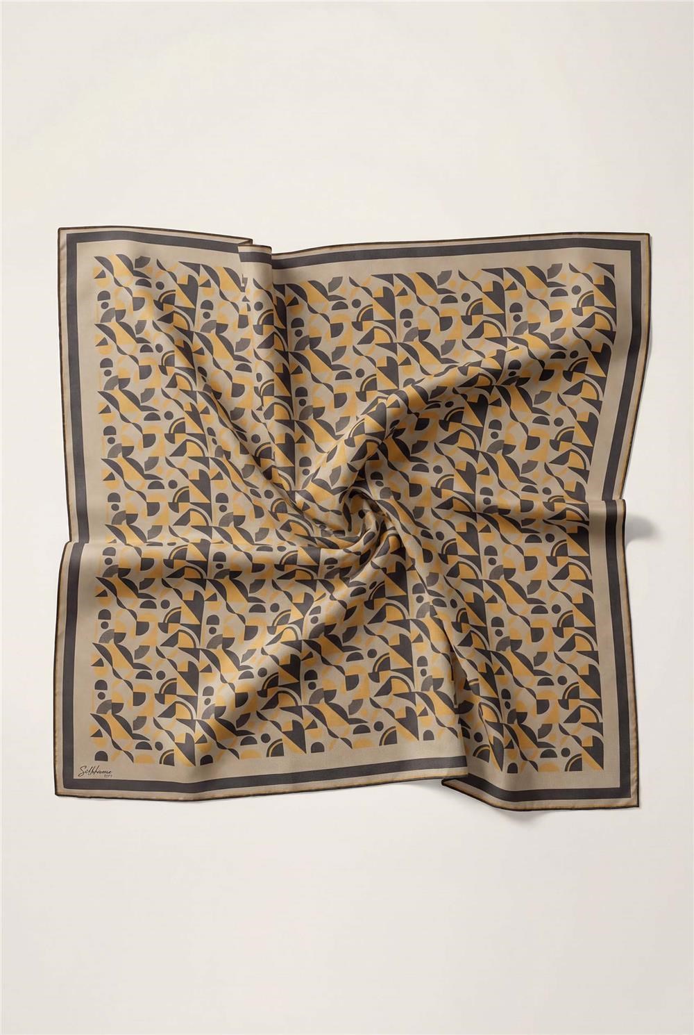 Pamuk Karışımlı Eşarp Haki Retro Geometrik Desenli Soft Dokulu Kaymaz 90x90